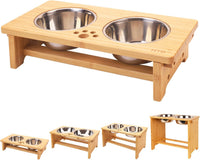 HTB Elevated Dog Bowls,Raised Dog Bowl Stand with 2 Stainless Steel Bowls,Elevated Raised Dog Bowls - small-4“tall,21 Oz bowl / Bamboo