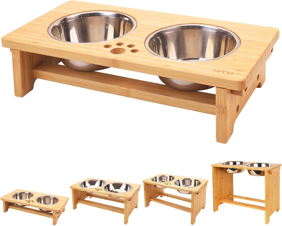 HTB Elevated Dog Bowls,Raised Dog Bowl Stand with 2 Stainless Steel Bowls,Elevated Raised Dog Bowls - small-4“tall,21 Oz bowl / Bamboo