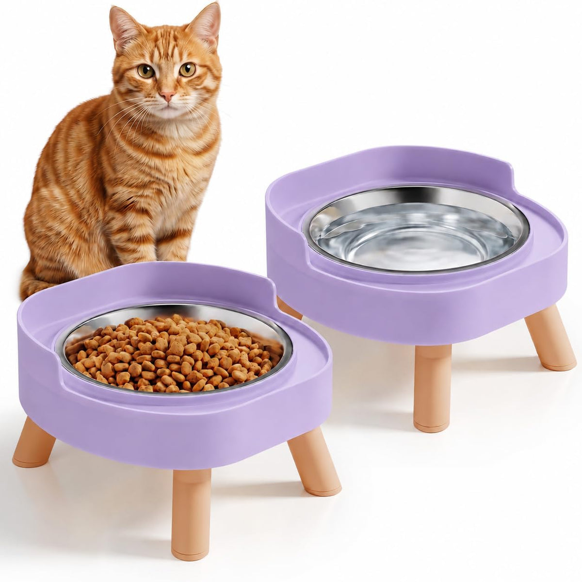 Elevated Cat Bowls, 2P Raised Cat Food and Water Bowl Set for Indoor Cats, Splash Proof with 2 - 2P Cat Bowls - Purple