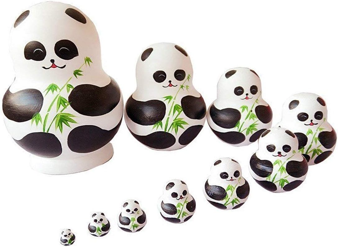 Unigift 10 piece handmade wooden panda with bamboo Russian nesting dolls matryoshka set
