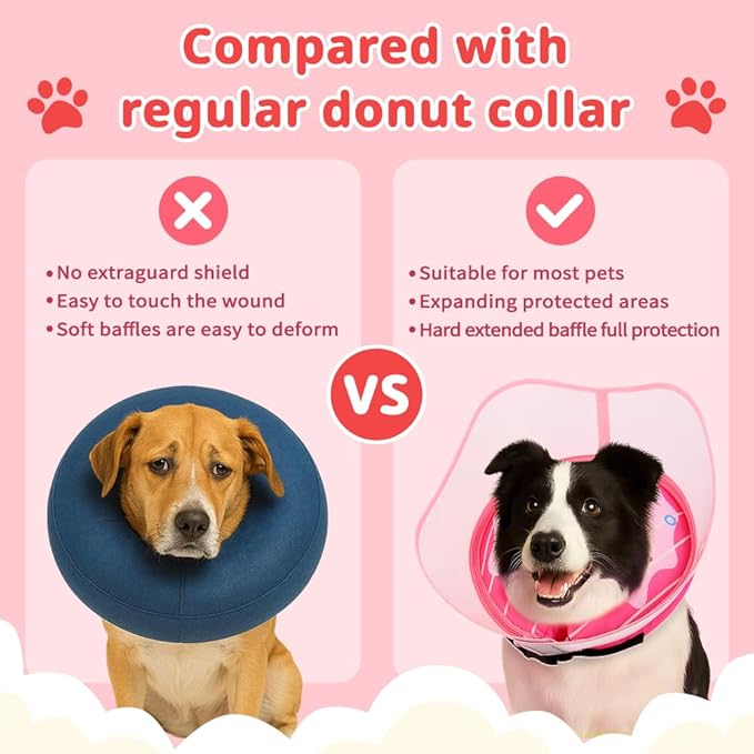 Soft Dog Cone Collar, Inflatable Donut Cones Alternative After Surgery with No-Lick Shield for Large/Medium/Small Dogs to Stop Licking, Elizabethan Neck Ecollars of Shame Comfy Pillow Recovery, Pink