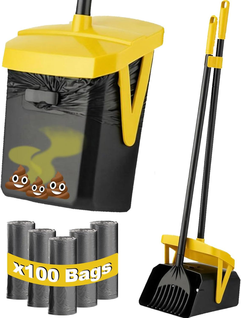 FUSBUNTY Dog Pooper Scooper, Swivel Bin & Rake Set with 100 Bags - Yallow
