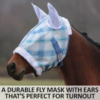 Schneiders Dura-Mesh Plaid Fly Horse Mask with Ears | Ultra-Durable 1000D Mesh | 70% UV Protection | Breathable Open Weave | Color Blue Plaid | Size Full Size