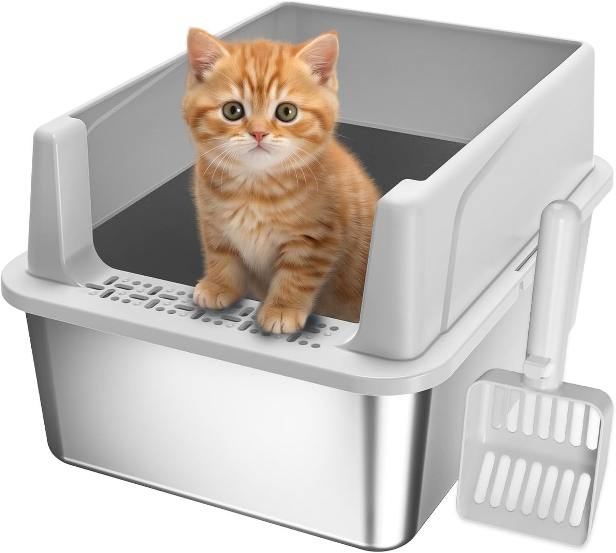 AIPERRO Stainless Steel Litter Box with Lid - Light Gray / Small