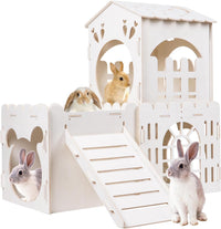 Large Rabbit House, Wooden Bunny Castle with 3 Houses Indoor - 3 Houses