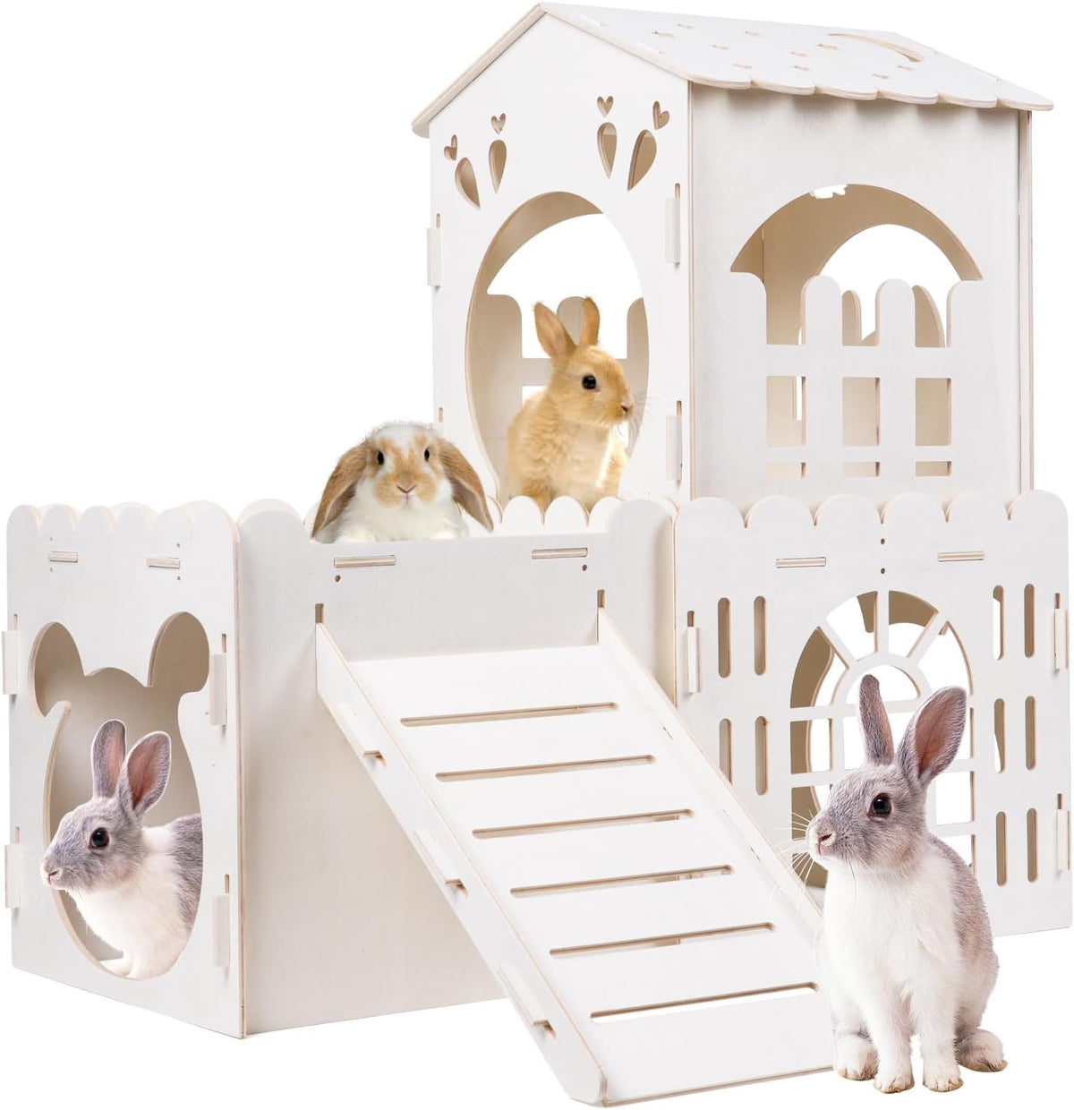 Large Rabbit House, Wooden Bunny Castle with 3 Houses Indoor - 3 Houses