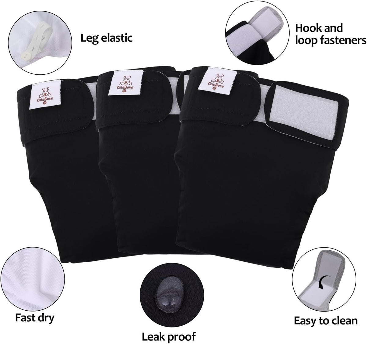 CuteBone Washable Dog Diapers Female No Tail Hole 3 Pack Reusable - For docked-tail, all black 3pcs / L - image 4