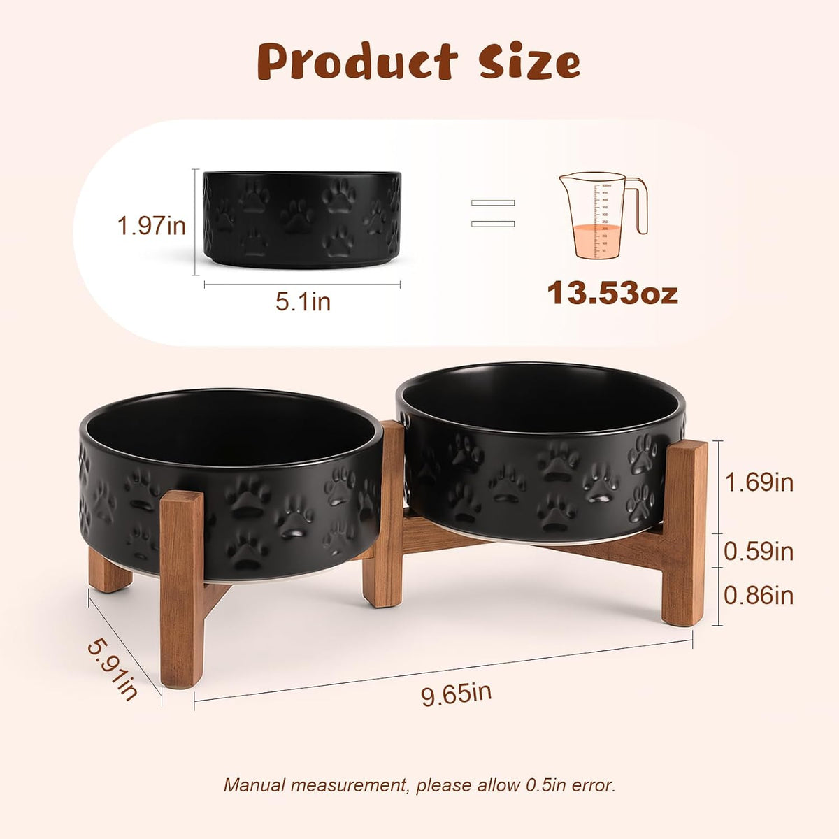 SPUNKYJUNKY Ceramic Dog Bowls with Acacia Wood Stand - 13.52 oz / Dog Paw Black - image 2