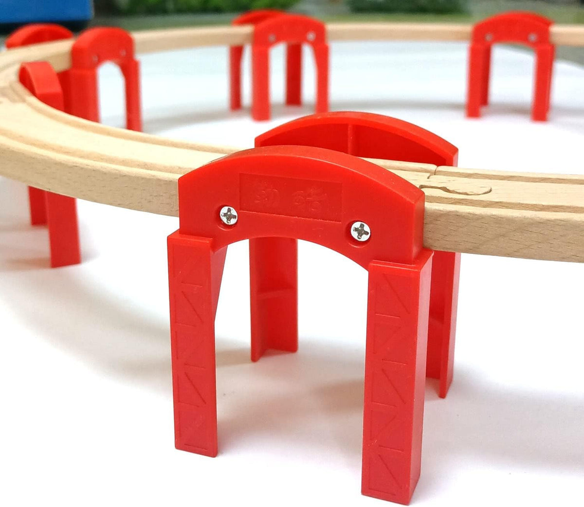 OrgMemory wooden train track bridge supports in natural beech wood with straight tracks - view 9