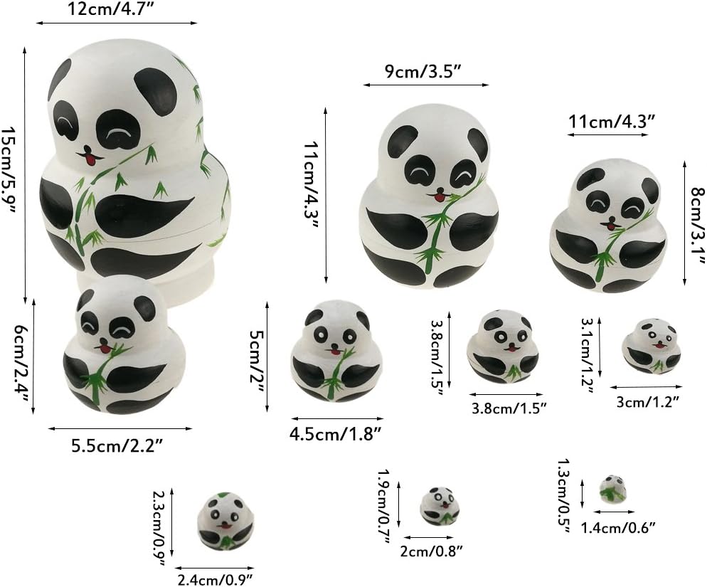 Apol set of 10 handmade wooden big-belly panda bear nesting dolls holding bamboo - view 3