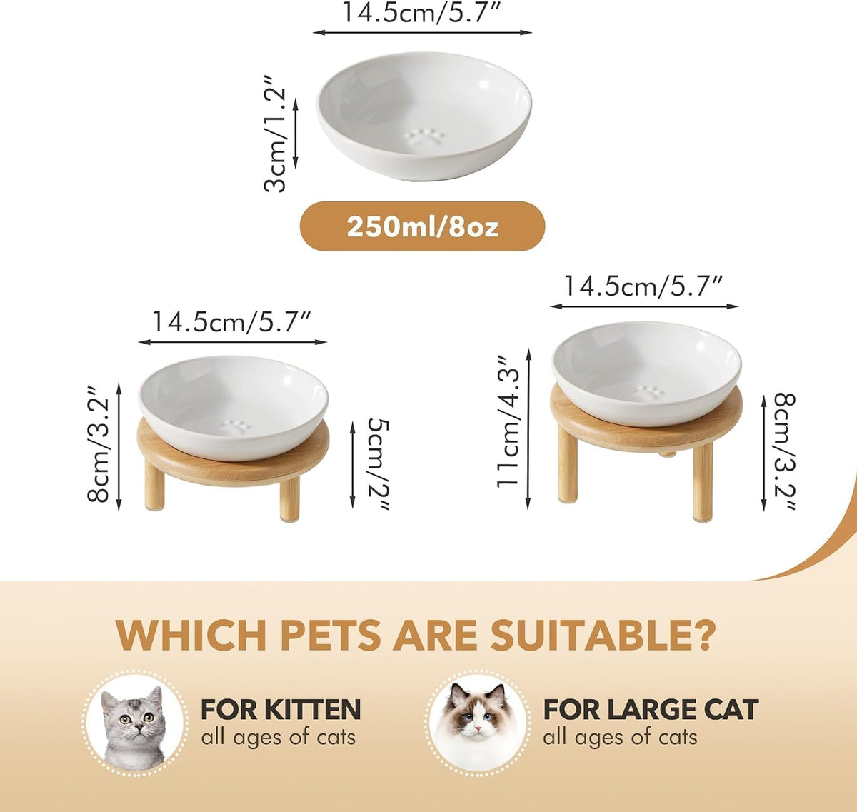 Elevated Cat Bowls, Ceramic Cat Bowl with Bamboo Stand Wide Opening – Essentials for Cats - White / Paw x2 + Bamboo - image 2