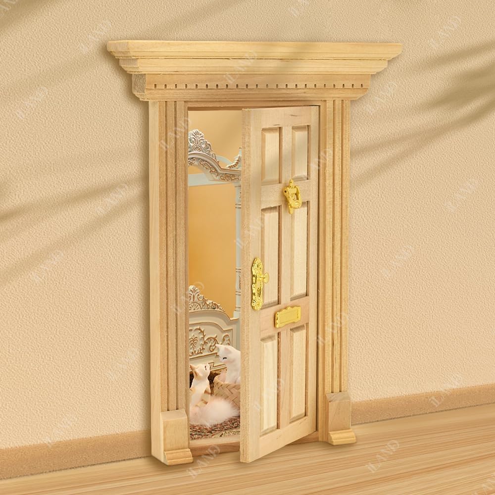 iLAND 1:12 scale unfinished wooden dollhouse door with 3D acrylic windowpane and gold handle - view 17