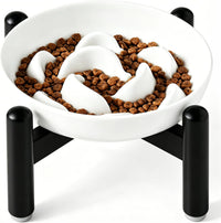Melamine Slow Feeder Cat Bowls, Dishwasher Safe - White + Metal Stand / 9"H