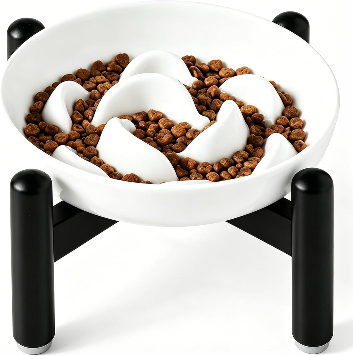 Melamine Slow Feeder Cat Bowls, Dishwasher Safe - White + Metal Stand / 9"H