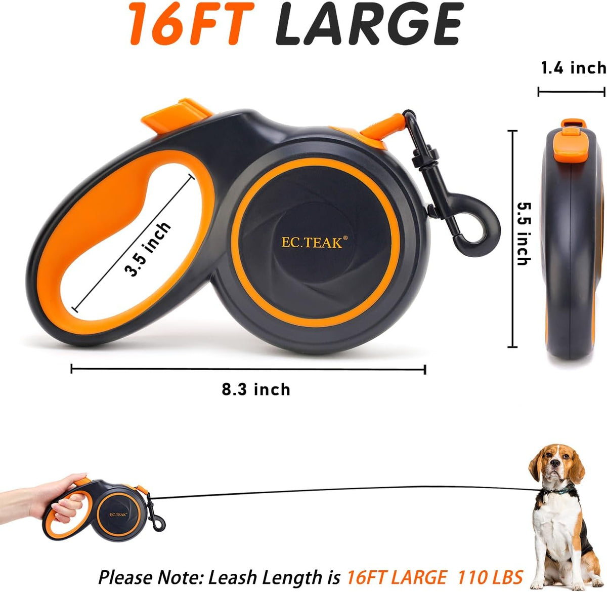 Retractable Dog Leash, Strong Nylon Tape, Tangle Free - Black/Orange / Large - image 3
