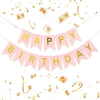 Happy Birthday Banner,Pre-Strung Black and Gold Party Decorations，16ft Pre-Strung Hanging Sign - PINK