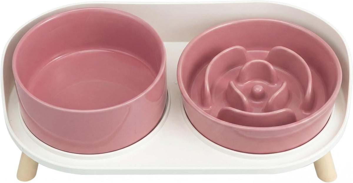Elevated Slow Feeder Dog Bowls with Splash Proof Stand - Medium / Pink