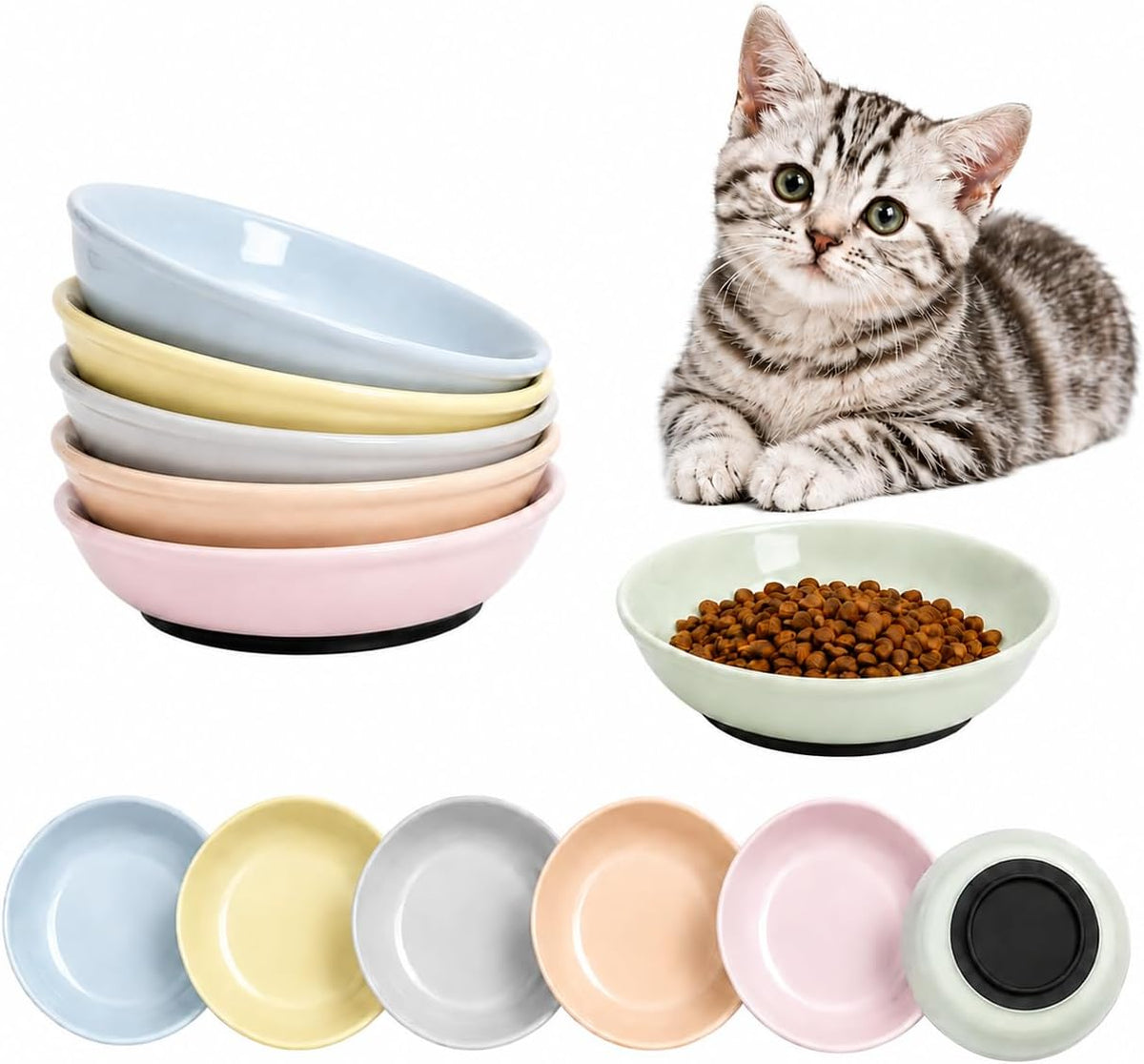 Ceramic Cat Food Bowls 6 Pack - Solid - Pads Attached