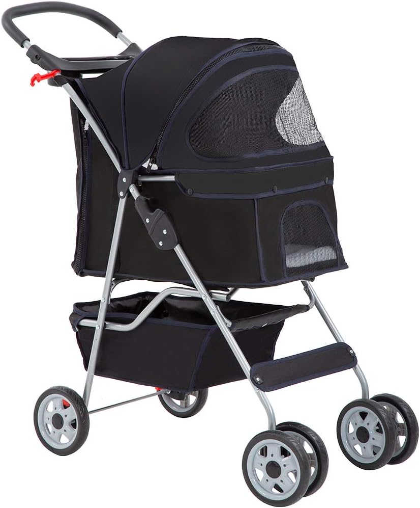 BestPet, 4-Wheel Foldable Pet Stroller, Lightweight & Portable - Black / 4 Wheels