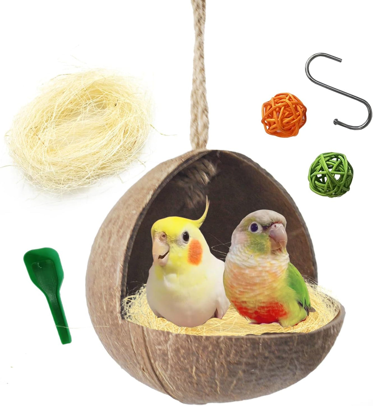 Parakeet Nesting Box Transparent Bird House Bird Nest Box for Cage - G-shaped coconut shell / [M:9.8 x 5.1 x 5.1 lnches]