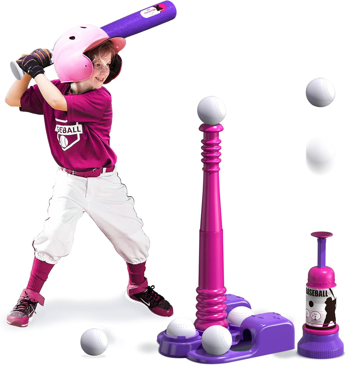 QDRAGON 2 in 1 T Ball Sets for kids Automatic Pitching Machine – Fun for Kids & Family - Pink