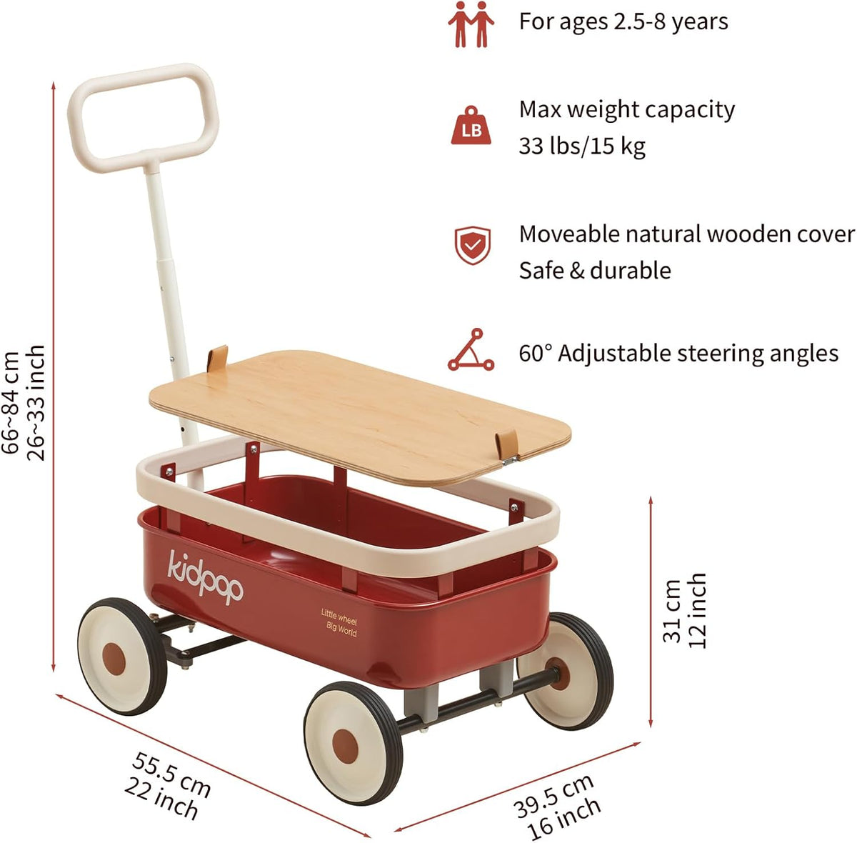 Kidpop PULA-Wild 3-in-1 kids pull along wagon and push walker in white with wooden cover - view 4