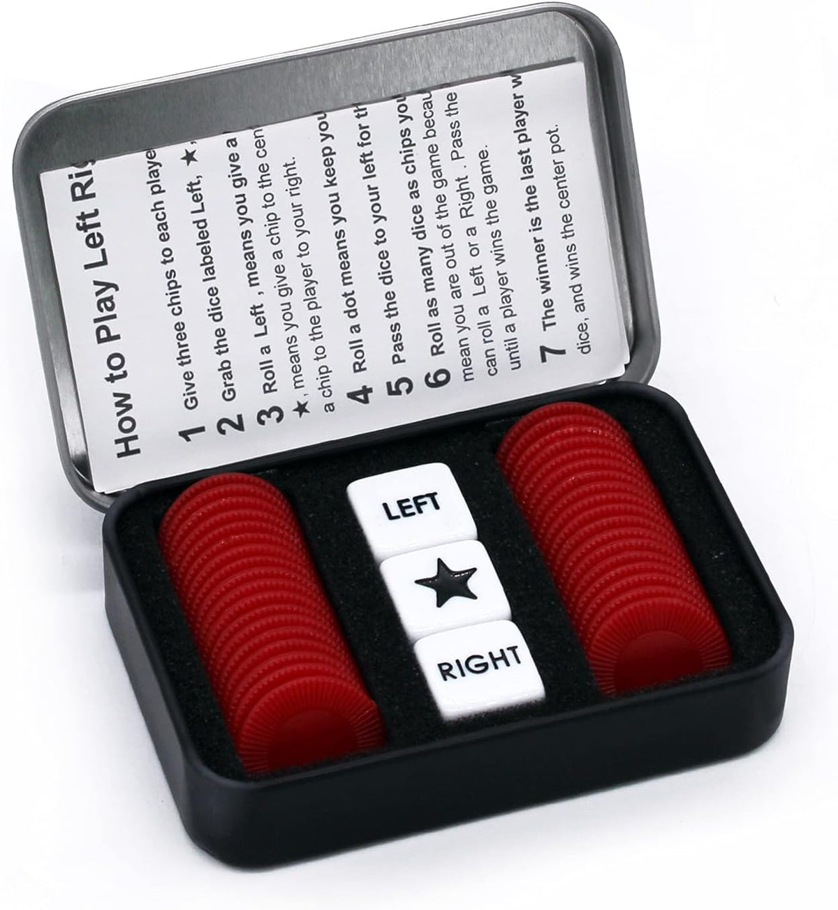 Bilywey Left Right Dice Game Set with 3 Dices + 36 Black Chips – Fun for Kids & Family - Red