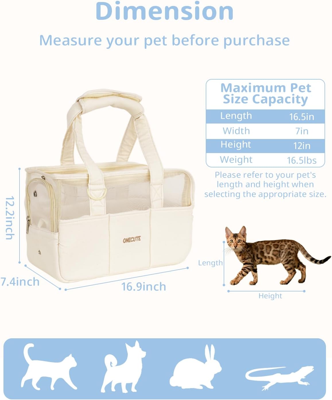 ONECUTE Dog Purse Carrier for Small Dogs Rabbit cat with Large Pockets - Beige Mesh / 16.9"L x 7.4"W x 12.2"H - image 2