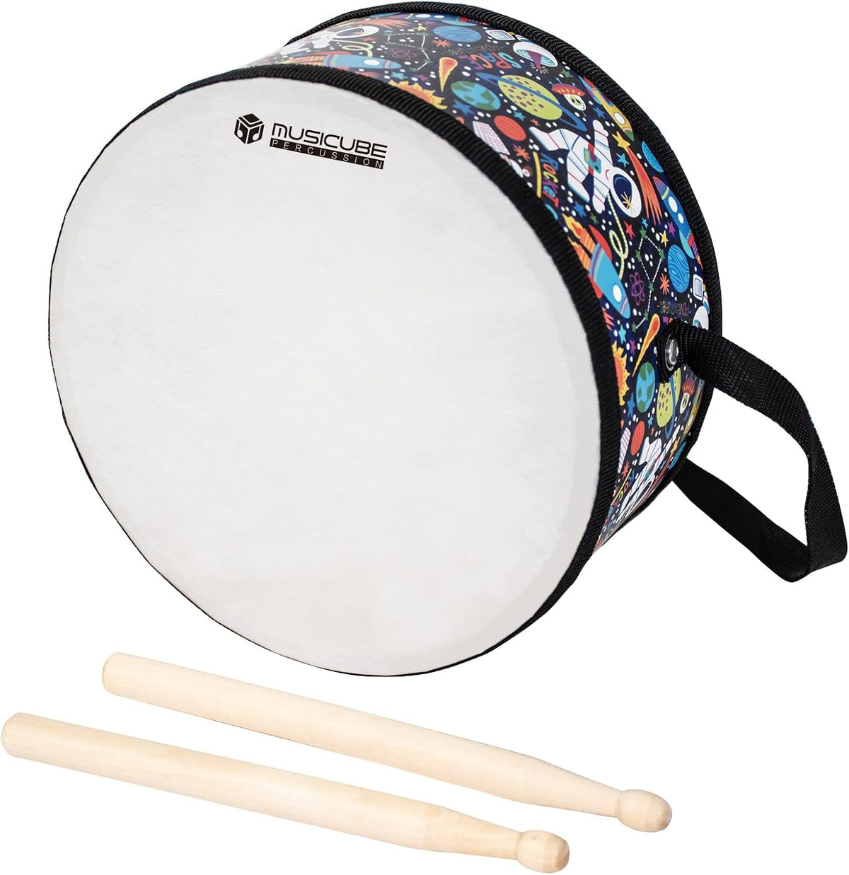 Kids Drum Set 8-Inch Wooden Drum Toys with an Adjustable Strap and 2 - 8-inch Black