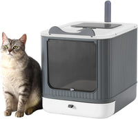 Foldable Enclosed Cat Litter Box with Lid, for Kitten to Medium - White&Grey