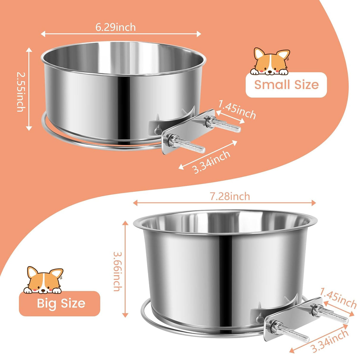 2 Pcs Stainless Steel Small Dog Crate Food Water Bowl - L (84 & 44 OZ) / Silver - image 2
