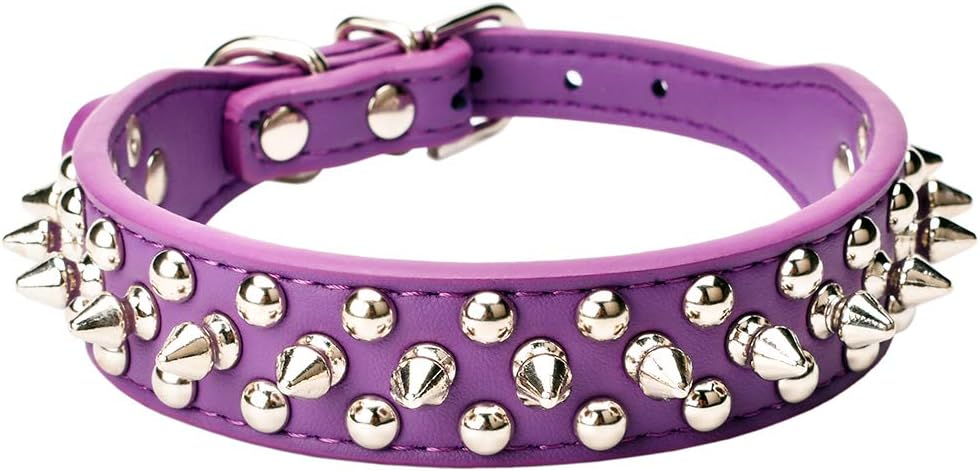 Mushrooms Spiked Rivet Studded Adjustable Pu Leather Pet Collars - 10.6"-13" Neck / Purple