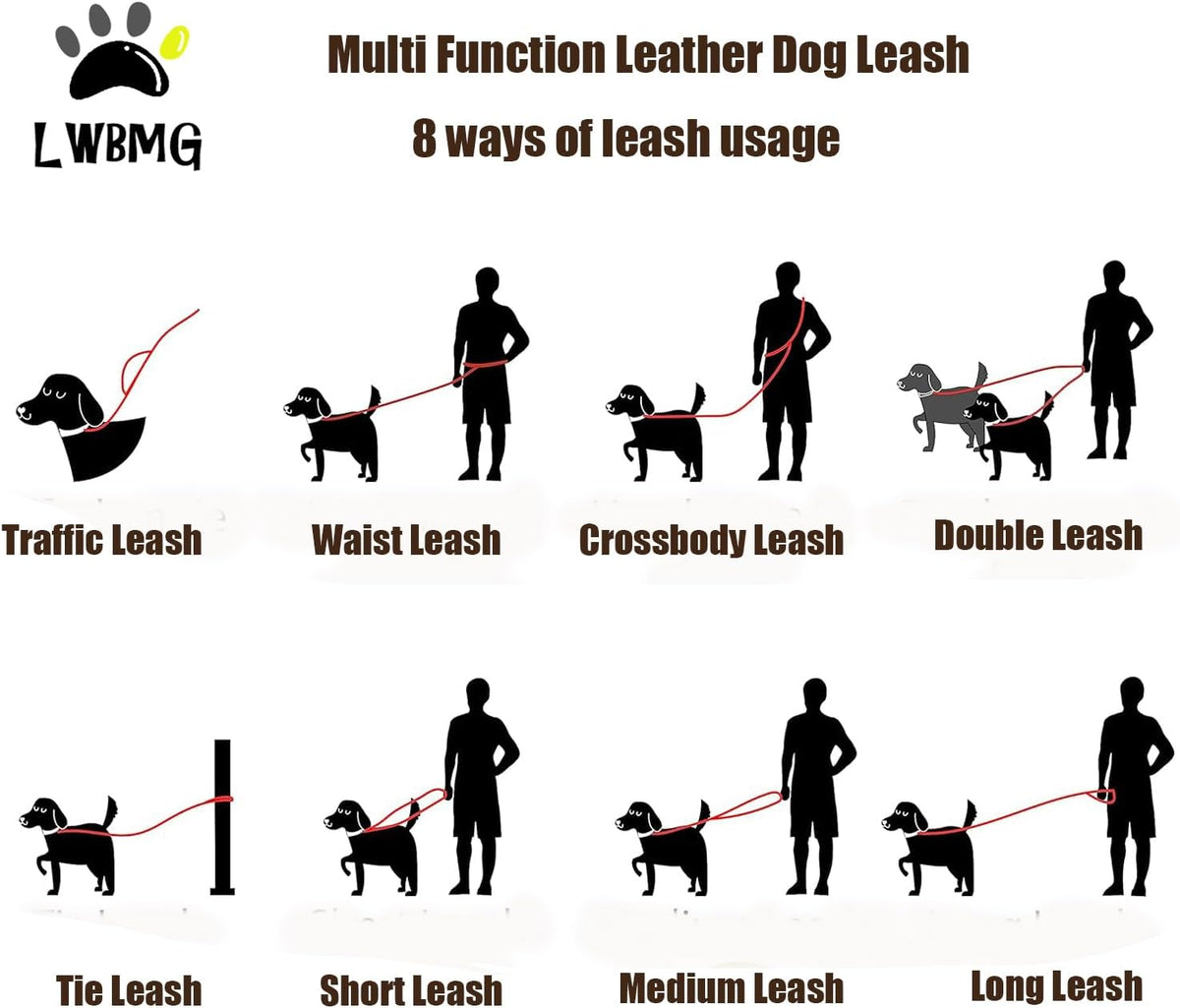 LWBMG Multi Function Leather Dog Leash 8ft Genuine Leather Leash - 8ft x 5/8inch / Red - image 2