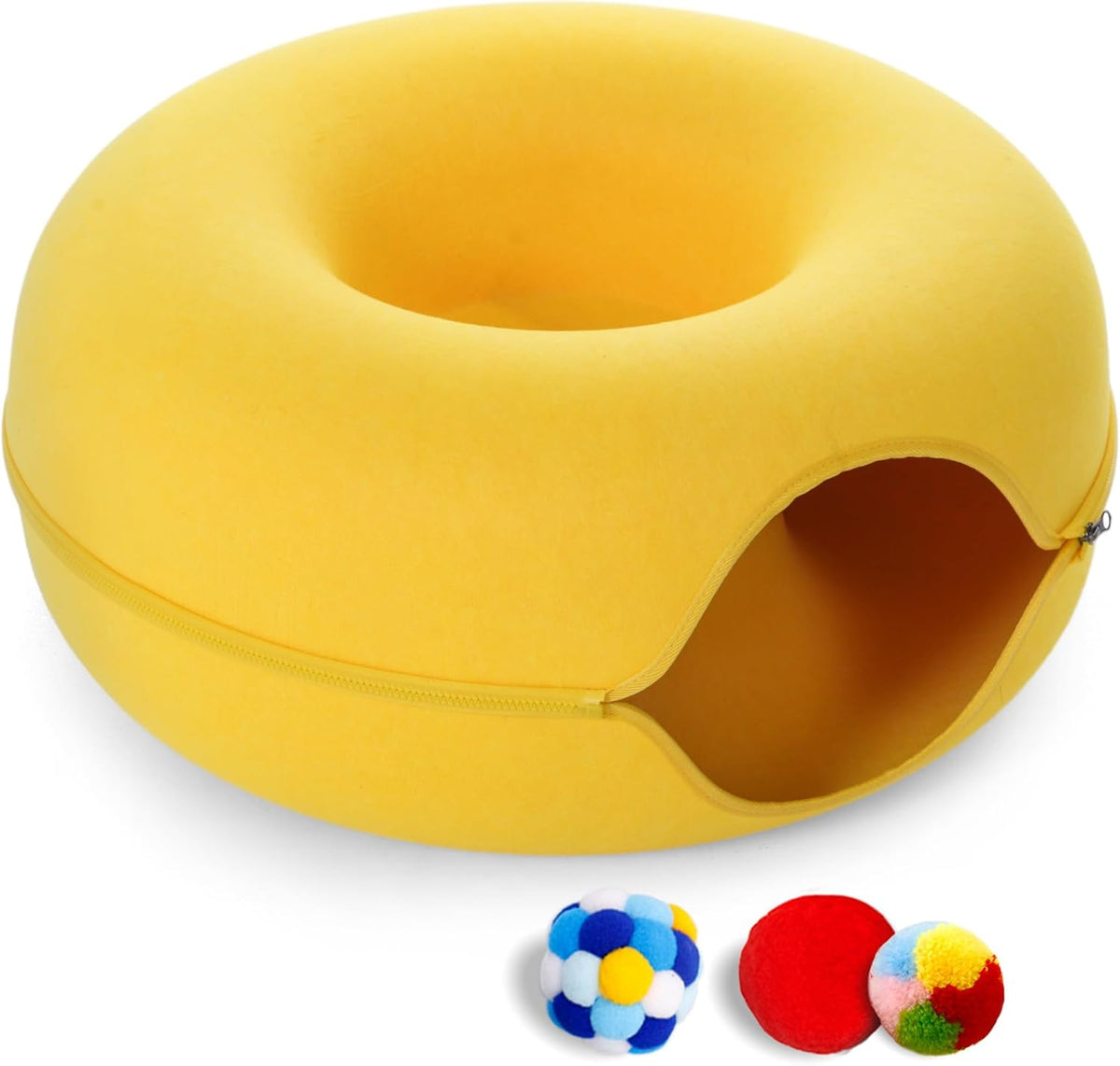 Large Cat Tunnel Bed for Indoor Cats with 3 Toys - L(24x24x11) / Yellow