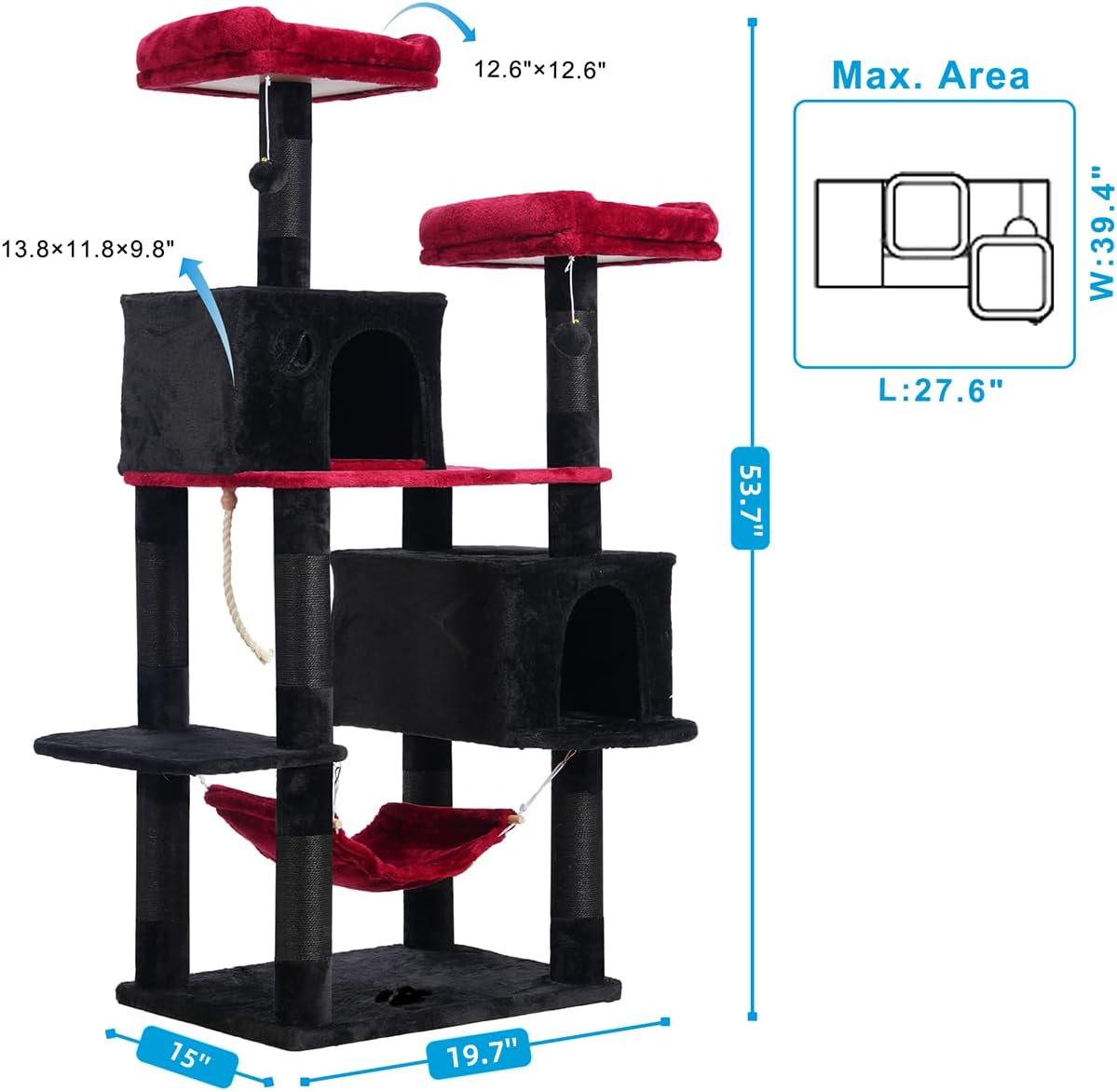 Hey-brother Cat Tree Tower with Sisal Scratching Posts - 53.7 Inches / Black and Red - image 2
