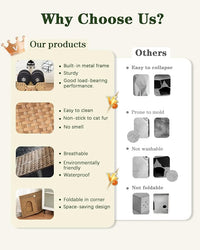 Cat Beds Indoor Kitten House, Handwoven Rattan Cat Cave Pet Cube, Large Cat Houses, One Bed Mat, Foldable, Hideaway, 16.5x16.5x13.2 Inches, 2 S-Shaped Hooks in Living Room Bedroom Natural