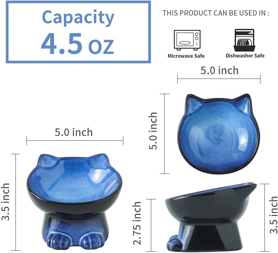 Nihow Ceramic Basic Cat Bowls: 5 Inch Cat Bowl for Food & Water – Essentials for Cats - 4.5 OZ / Blue & Black - image 2