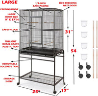 30.5Lx18.5Wx52.5 H Sturdy Wrought Iron Bird Parrot Home Cage On Wheels – Essentials for Birds - Black Vein / 25"L x 17"W x 54"H - image 2
