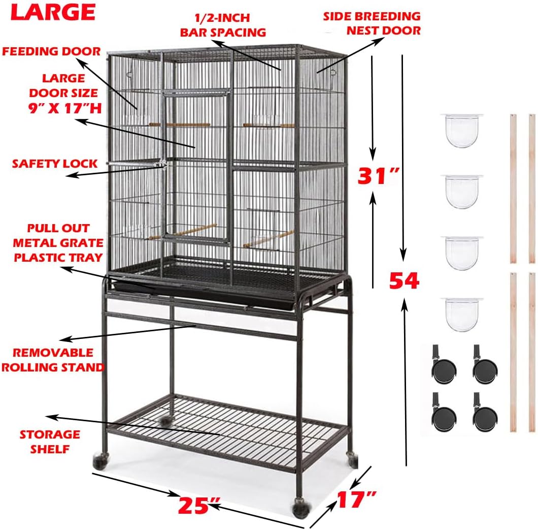 30.5Lx18.5Wx52.5 H Sturdy Wrought Iron Bird Parrot Home Cage On Wheels – Essentials for Birds - Black Vein / 25"L x 17"W x 54"H - image 2