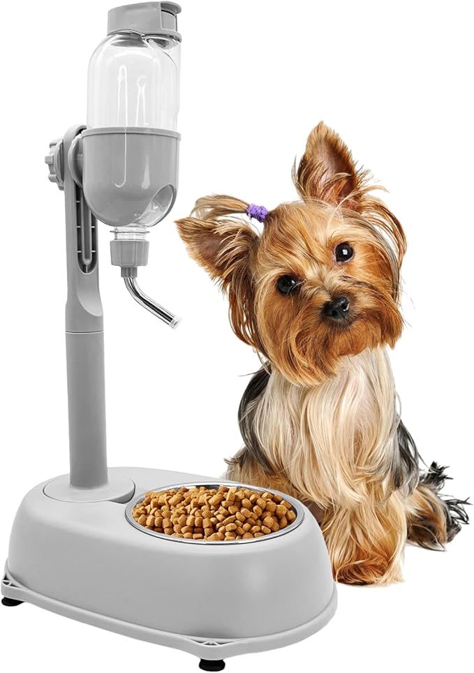 Fhiny Dog Water Feeder Bottle with Stand, Dispenser Automatic Water Food Bowl for Cage Leak-Proof No-Drip Adjustable Raised Pet Slow Water Bottle Dog Kennel Durable Drinker Container