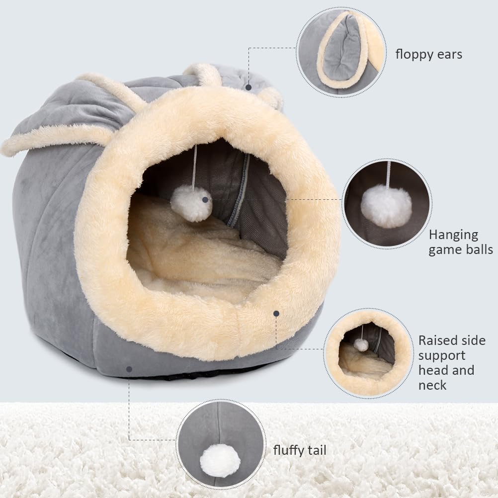 Cat Beds for Indoor Cats-Rabbit-Shaped Cat Cave Bed with Hanging Toy - Rabbite Gray / Rabbite / M - image 3