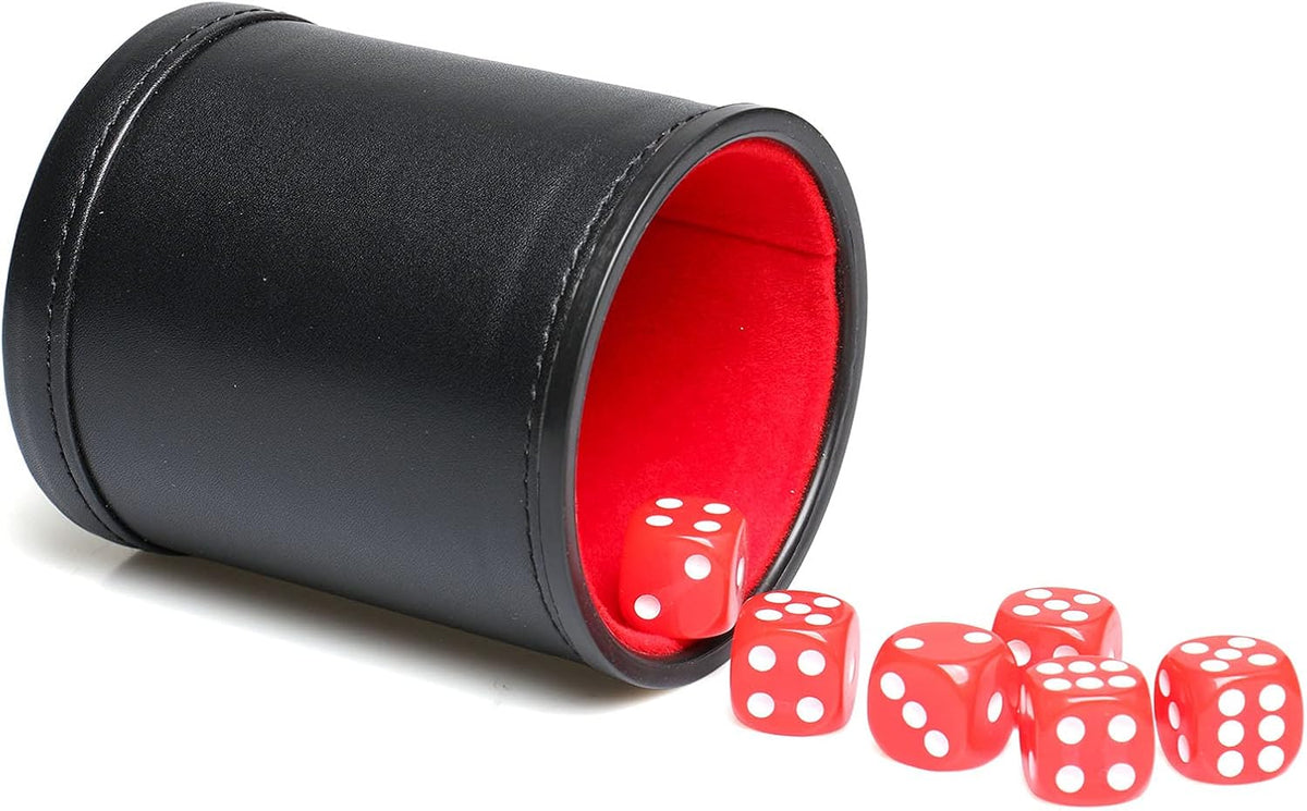 Felt Lined PU Leather Dice Cup Set with 6 Dot Dices – Fun for Kids & Family - Red1