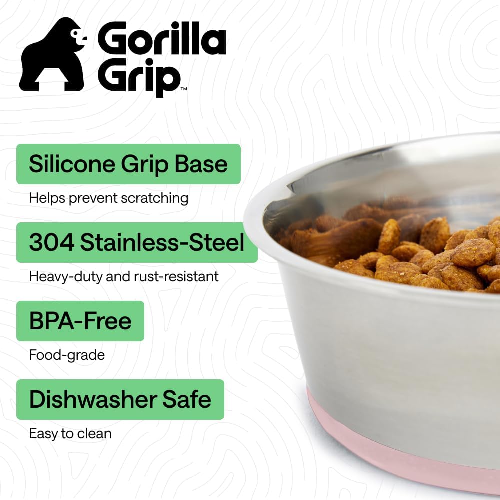 GORILLA GRIP Dog Bowl Set, Food Grade 304 Stainless Steel, 8 Cup - Light Pink / 8 Cup (Set of 2) - image 2