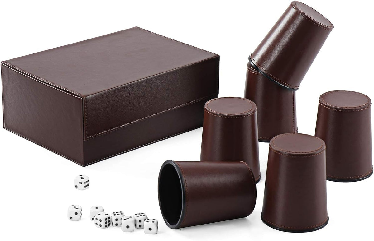 ImnBest set of six black felt-lined leather dice cups with 30 dice and faux leather storage case - view 2