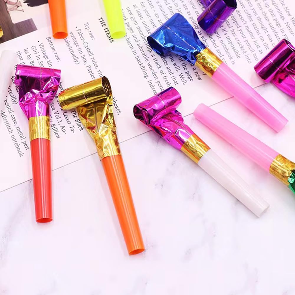anztqiuu party blowers, 100 colorful birthday noisemakers rolled and extended - view 3