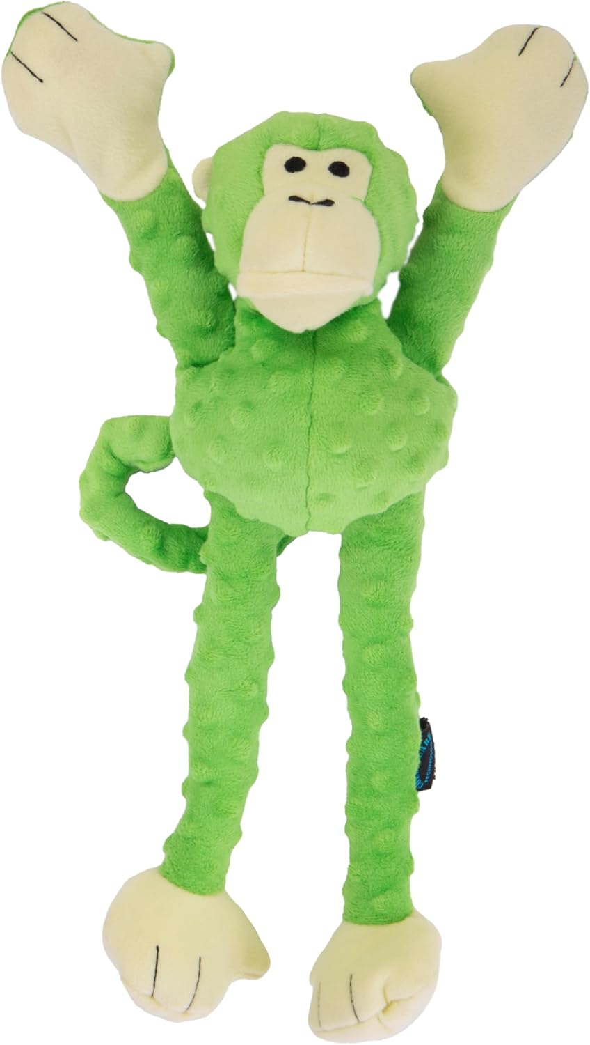 goDog Crazy Tugs Monkeys Squeaky Plush Dog Toy with Chew Guard - Monkey (Green) / Large