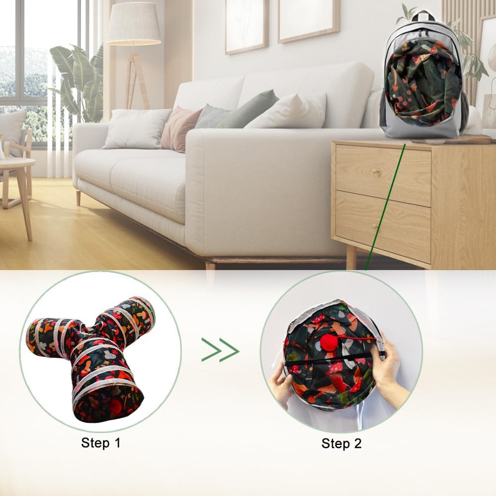 Cat Tunnel Tube Toys, 3 Ways Tunnels for Indoor Cats with Play Ball – Essentials for Cats - Mushroom - image 4