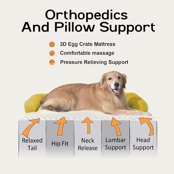 Large Dog Bed Orthopedic Washable | Beds Bolster Pet - XXL Large Big Dogs - Memory Foam - Couch Sofa - Waterproof with Removable Cover - Ginger Yellow Dog Bed