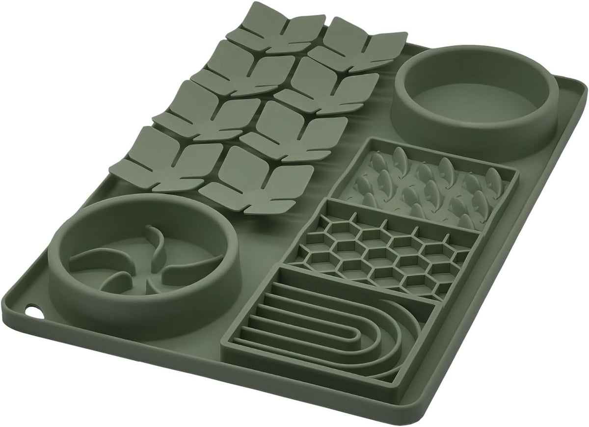 Slow Feeder Bowl, Silicone Lick Mat with Suction Cups for Dog Cat, Snuffle Mat for Pet Smell - Dark Green / Honeycomb 4in1