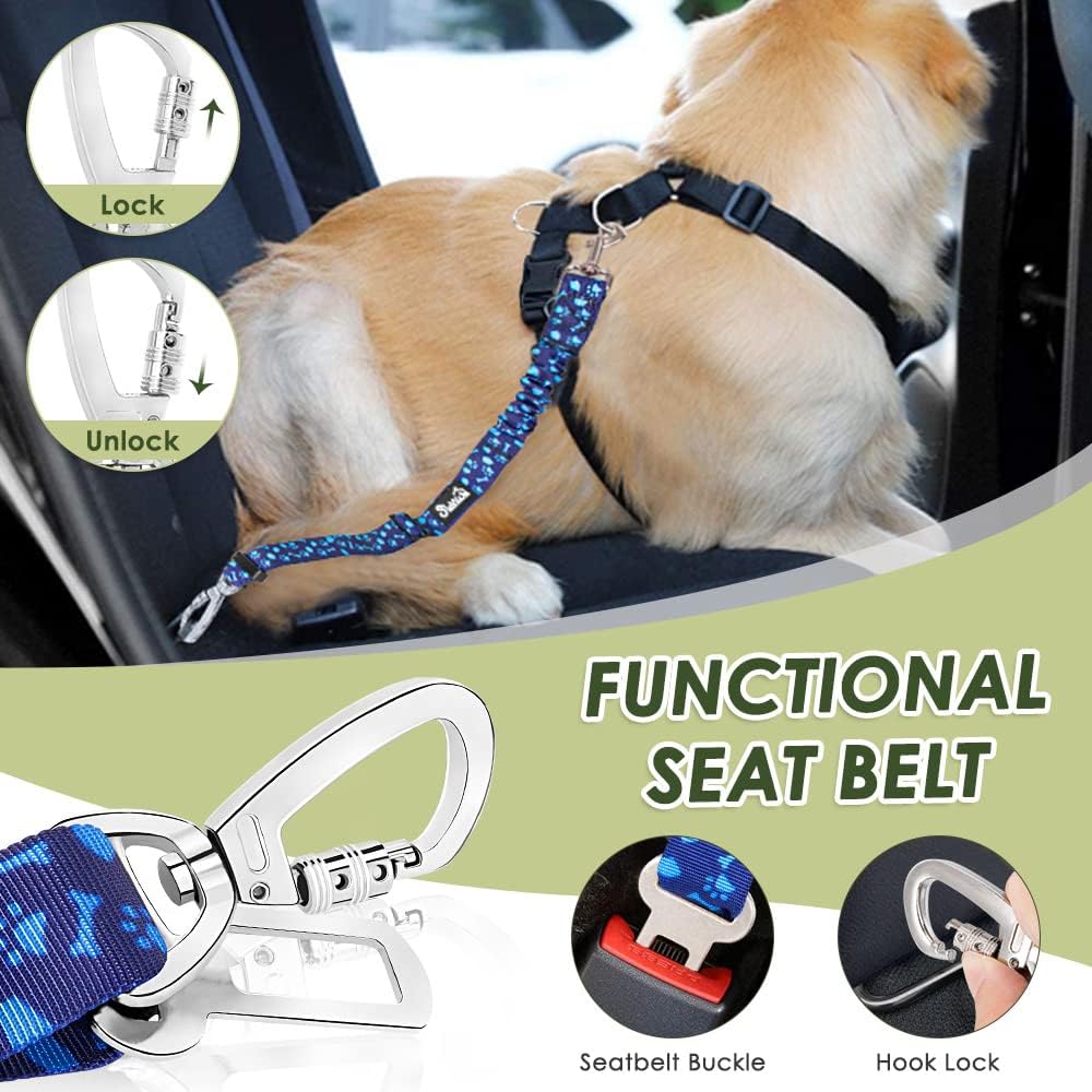 SlowTon Dog Seatbelt, 2 Pack Adjustable Heavy Duty Dog Safety Seat Belt – Essentials for Dogs - Blue / Seatbelt Clip + Carabiner - image 3